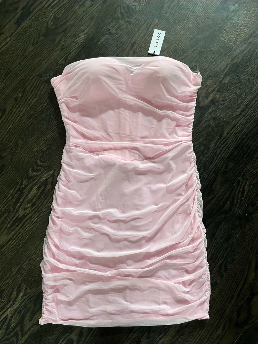 NWT Tic Toc Strapless Ruched Mesh Baby Pink Stretch Bodycon Mini Dress Size L